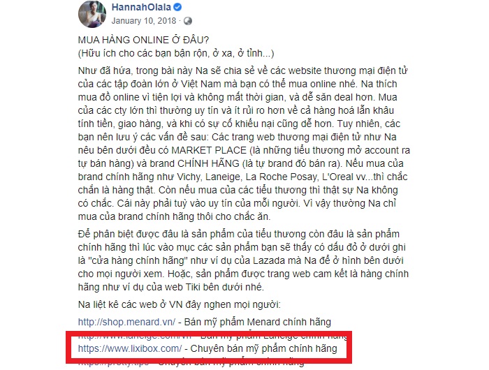 Chia sẻ của Hannah Olala về trang mua hàng chất lượng lixibox